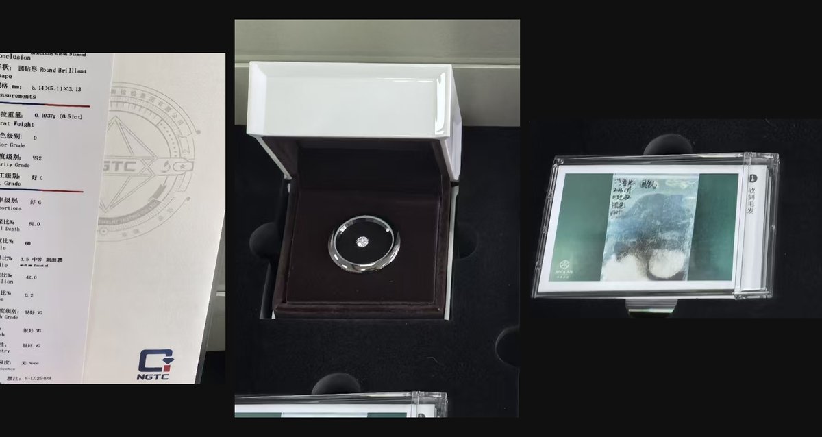 A lab-grown diamond ring in a presentation box beside its grading certificate and a small labelled vial of fur